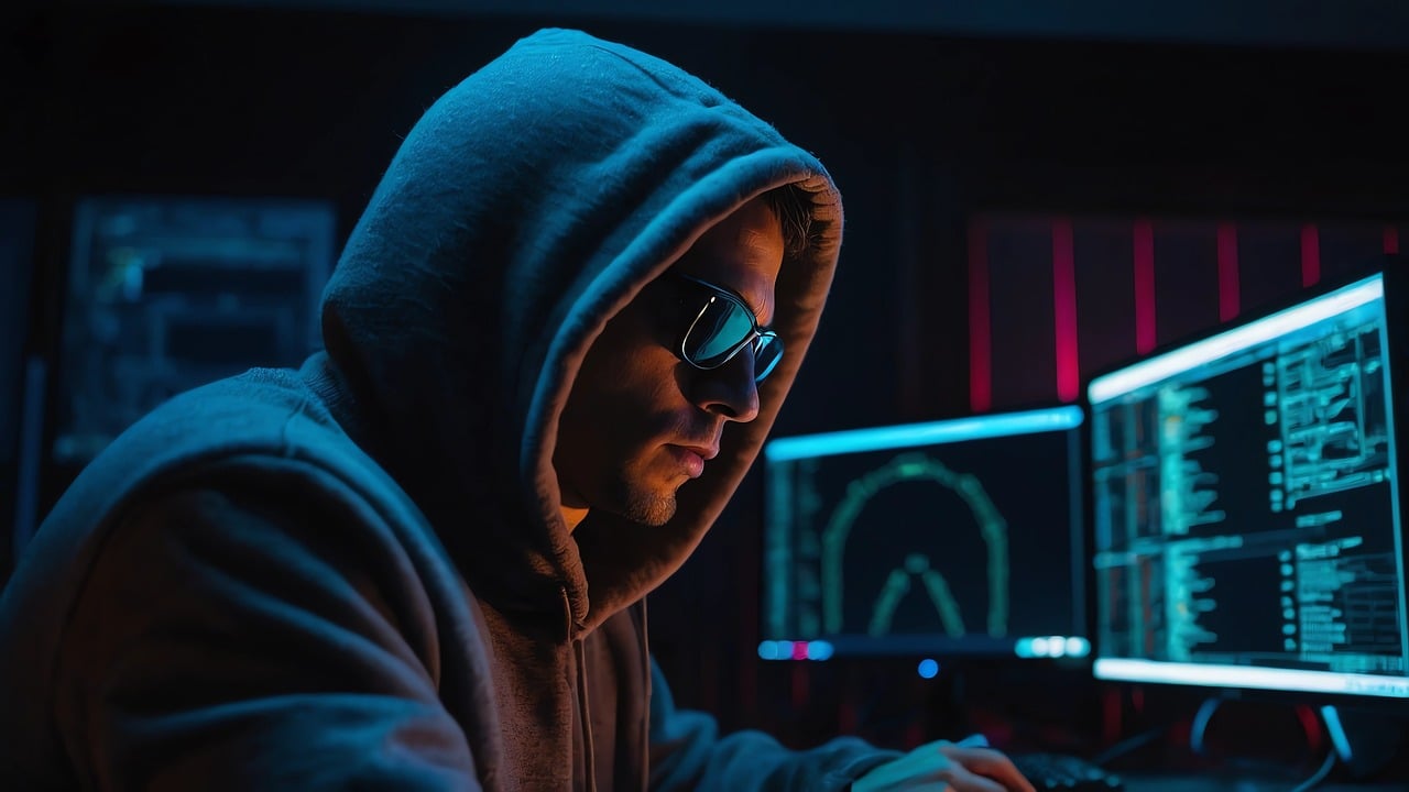 Online Scammer sitting at his computer.