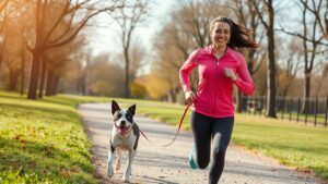 woman jogging with her dog.