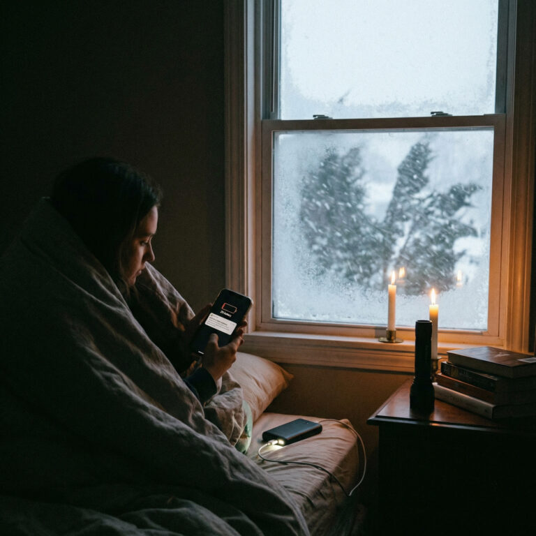A woman with portable phone chargers in a snow storm