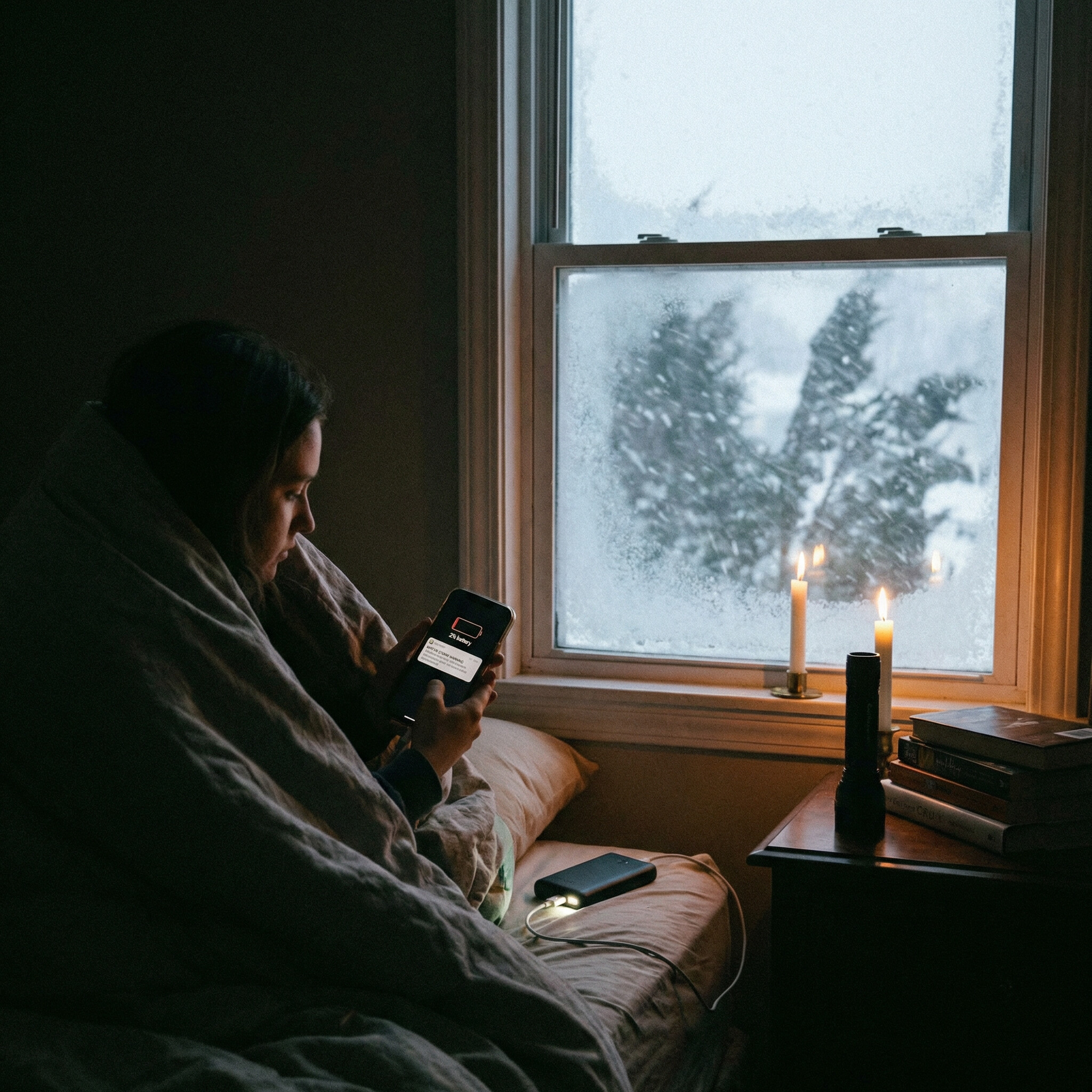 A woman with portable phone chargers in a snow storm
